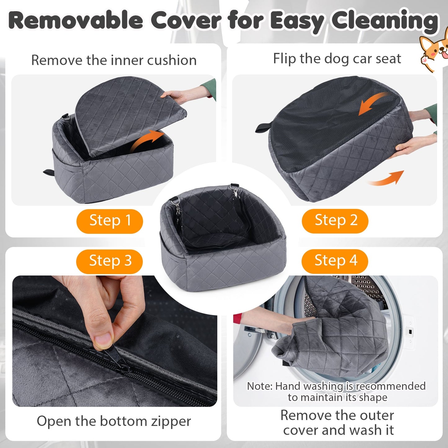 Dog Car Seat for Small Medium Pets with Safety Straps and Side Storage Pockets-Grey