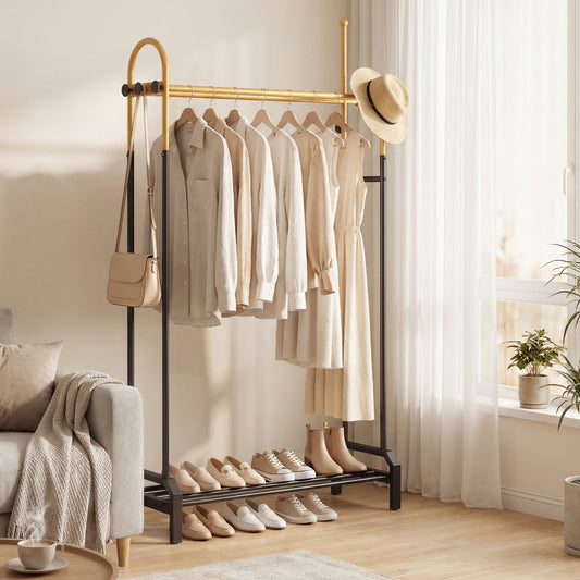 Double Rods Garment Rack Freestanding Clothing Rack with 5 Hooks-Golden