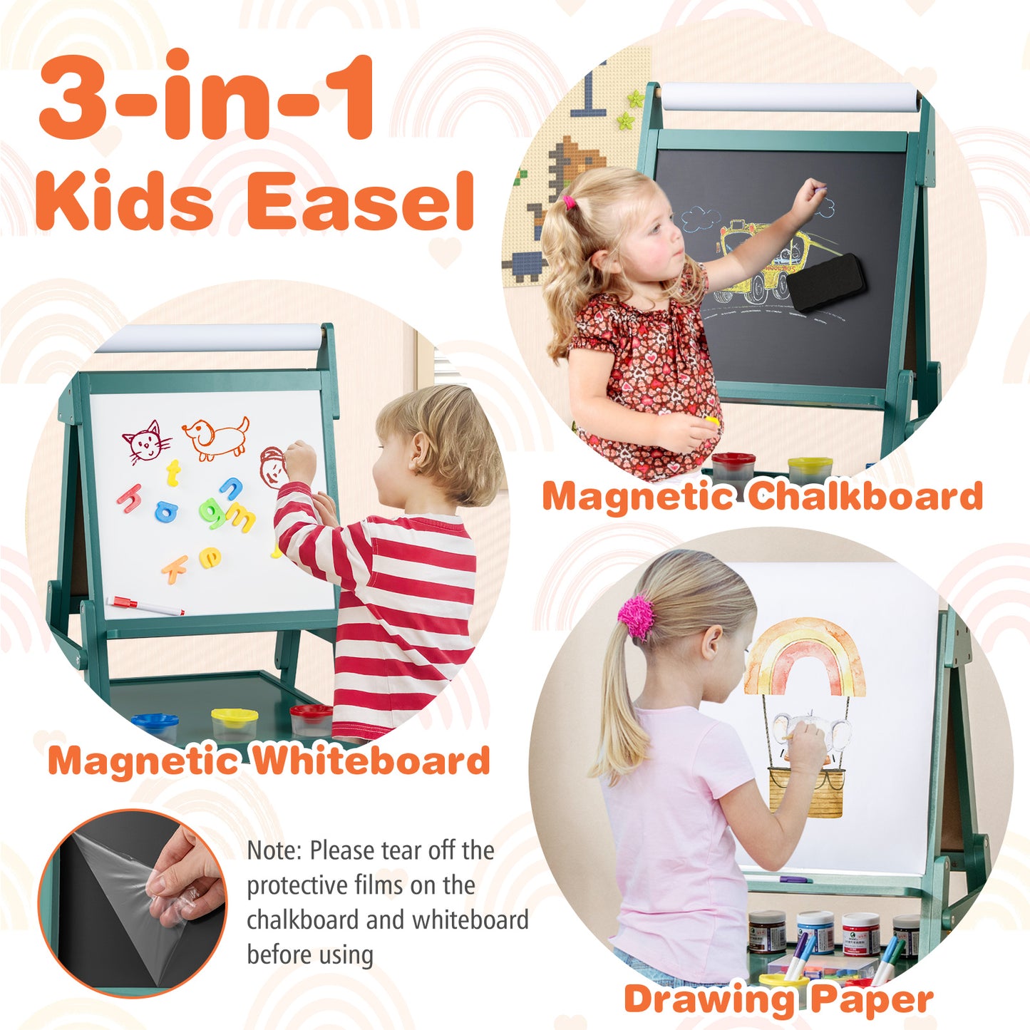 Double-sided Kids Easel with Magnetic Whiteboard and Chalkboard-Dark Green