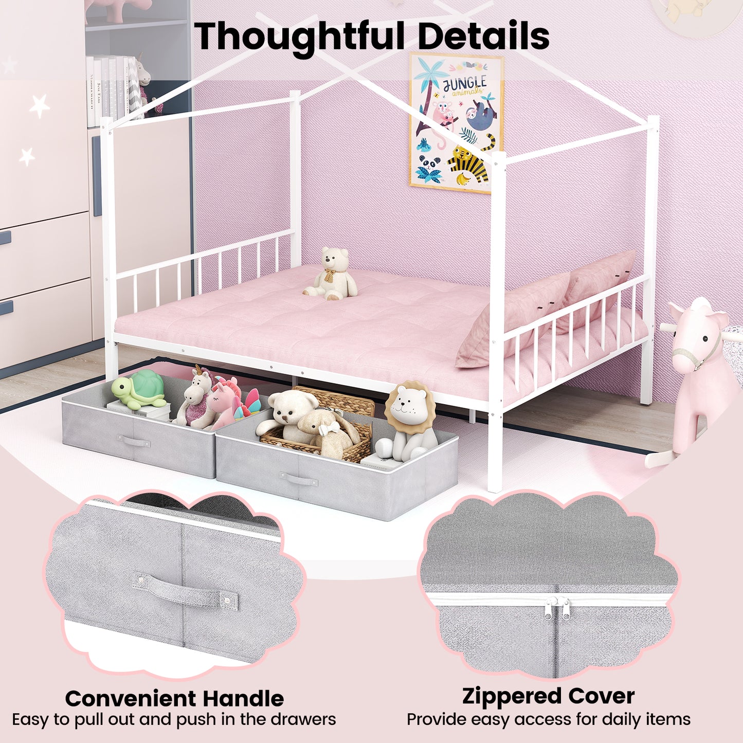 Double Size House Bed with 2 Drawers No Box Spring Needed-White