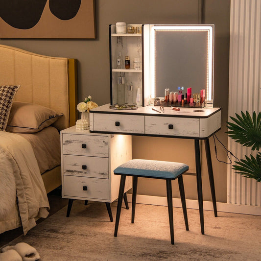 Vanity Table Set with 3-Color LED Lights Mirror and Charging Station-White