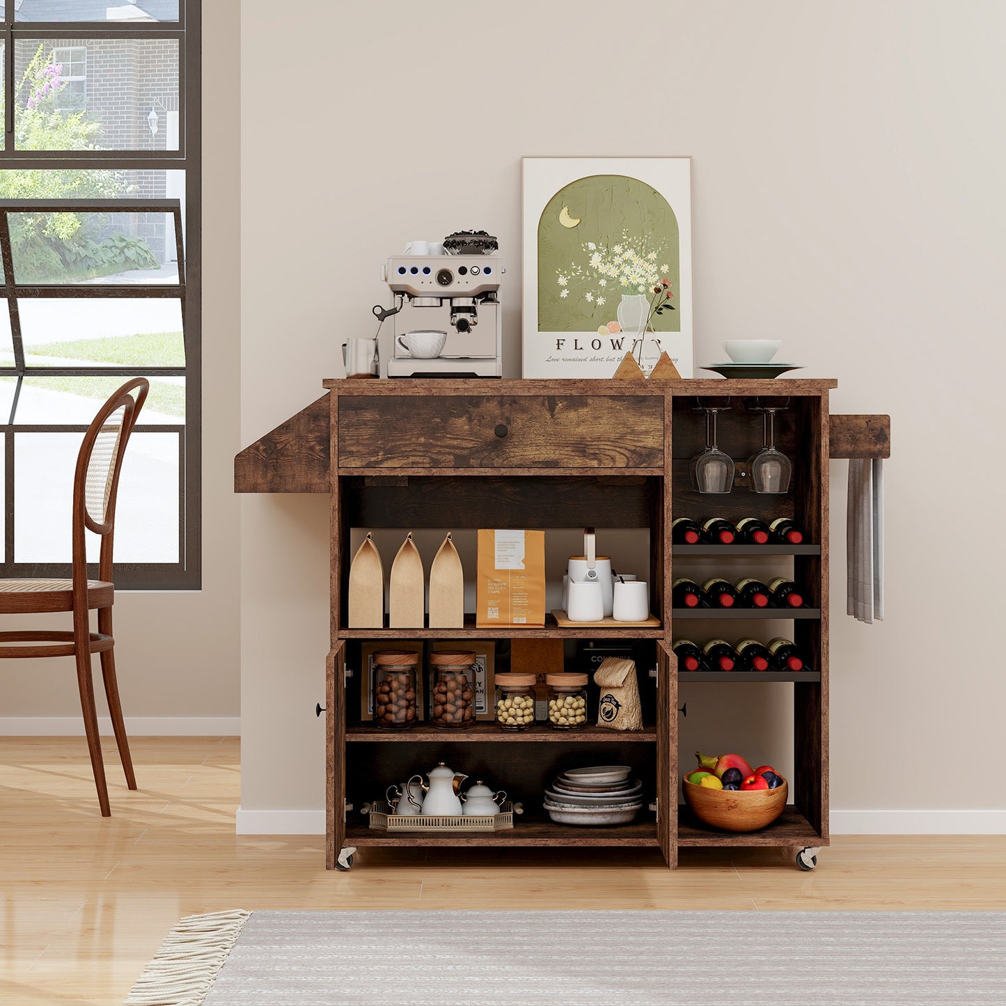 Mobile Drop Leaf Kitchen Island Cart with Microwave Shelf and Wine Rack-Rustic Brown