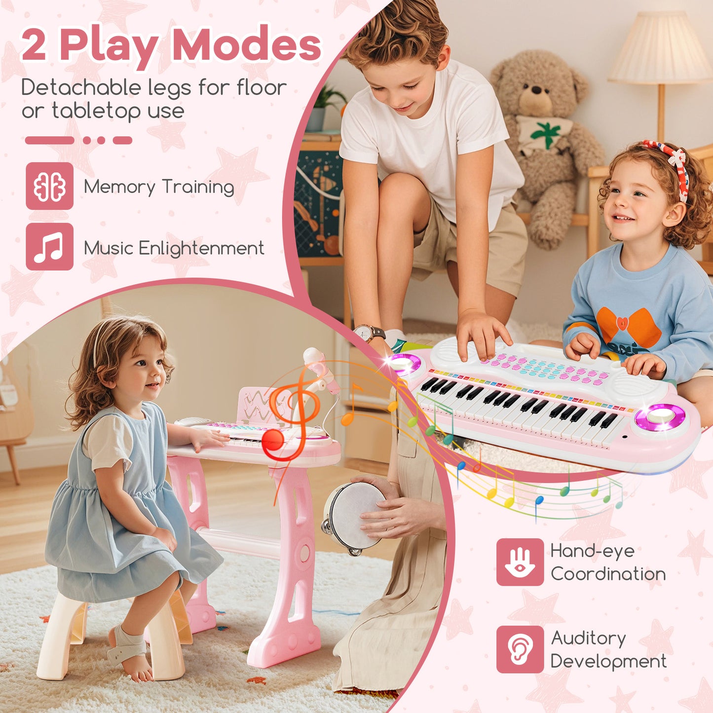 37 Keys Electronic Kids Piano Toy with Detachable Legs and Stool-Pink