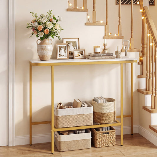 Entryway Table with Faux Marble Top and Metal Frame for Hallway-White & Golden