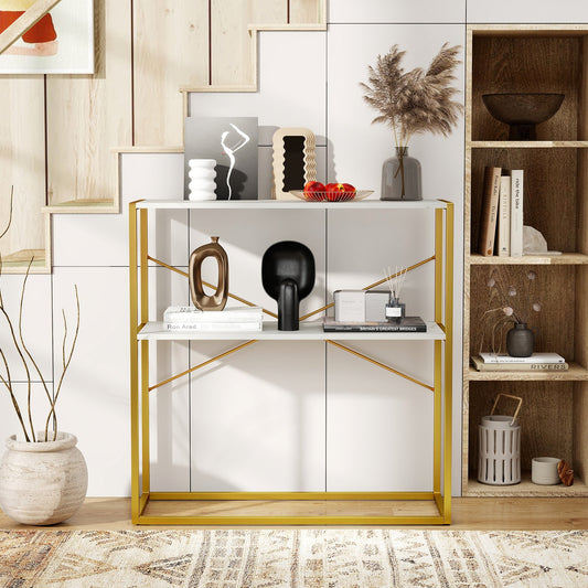 2-Tier Entryway Table with Marble Textured Open Shelves and Metal Frame-White & Golden