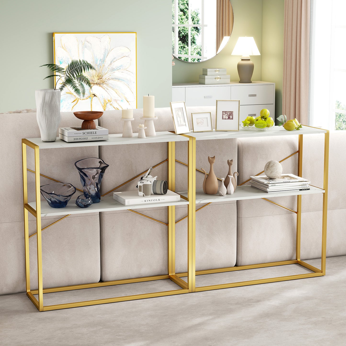 2-Tier Entryway Table with Marble Textured Open Shelves and Metal Frame-White & Golden