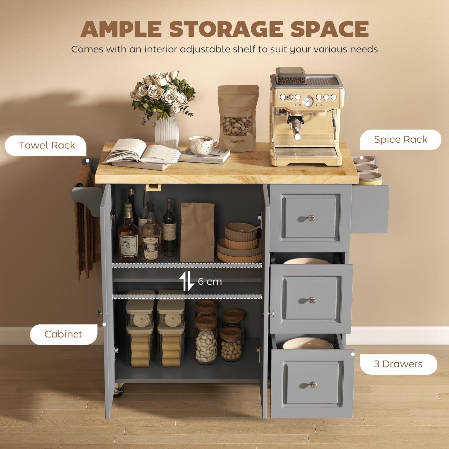 HOMCOM Kitchen Island on Wheels, Rolling Kitchen Storage Trolley with Drop Leaf, Drawers, Towel and Spice Rack, Grey