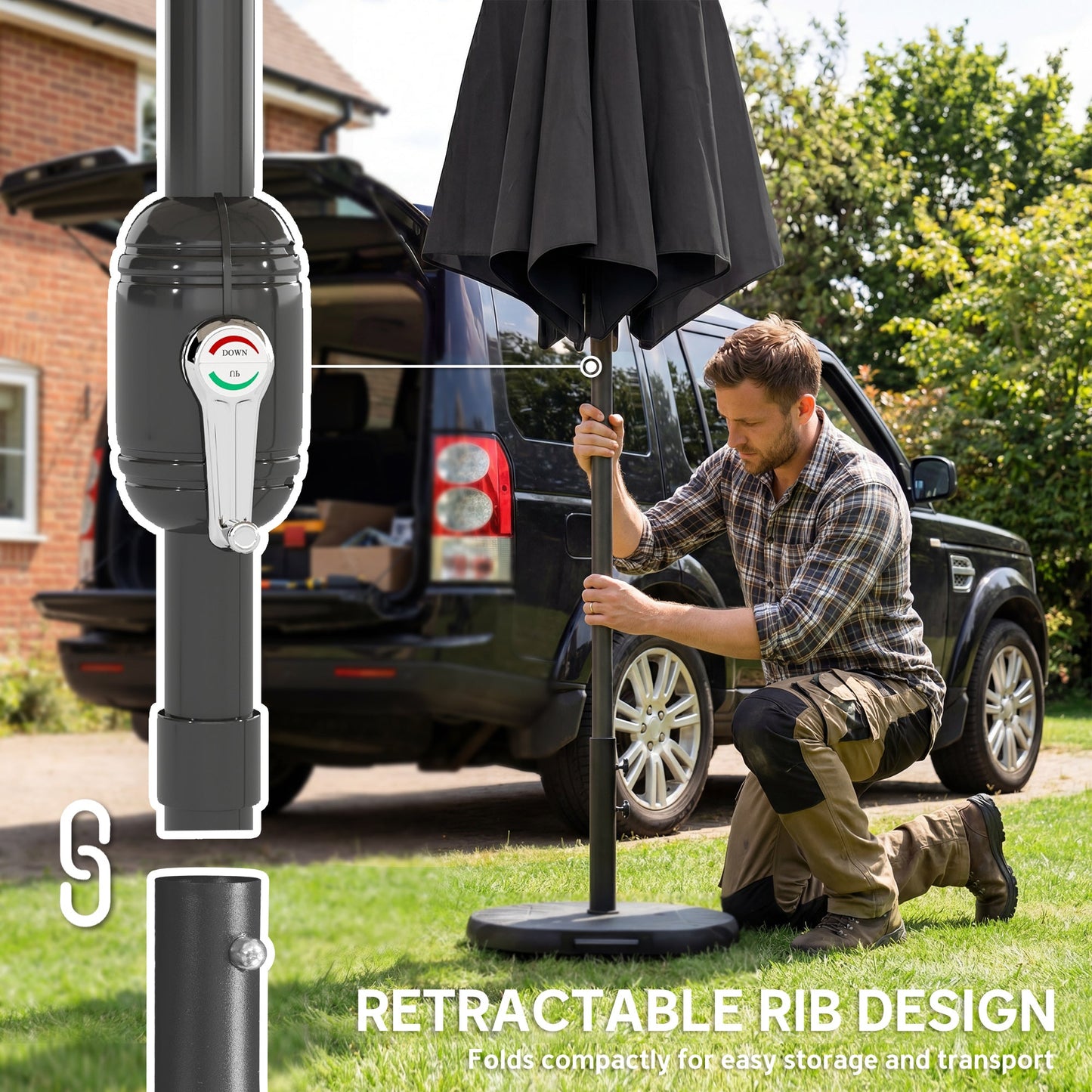 Outsunny 2.7 m Garden Parasol Umbrella with Cross Base and Sandbag, Retractable Ribs, Outdoor Table Market Umbrella, Black