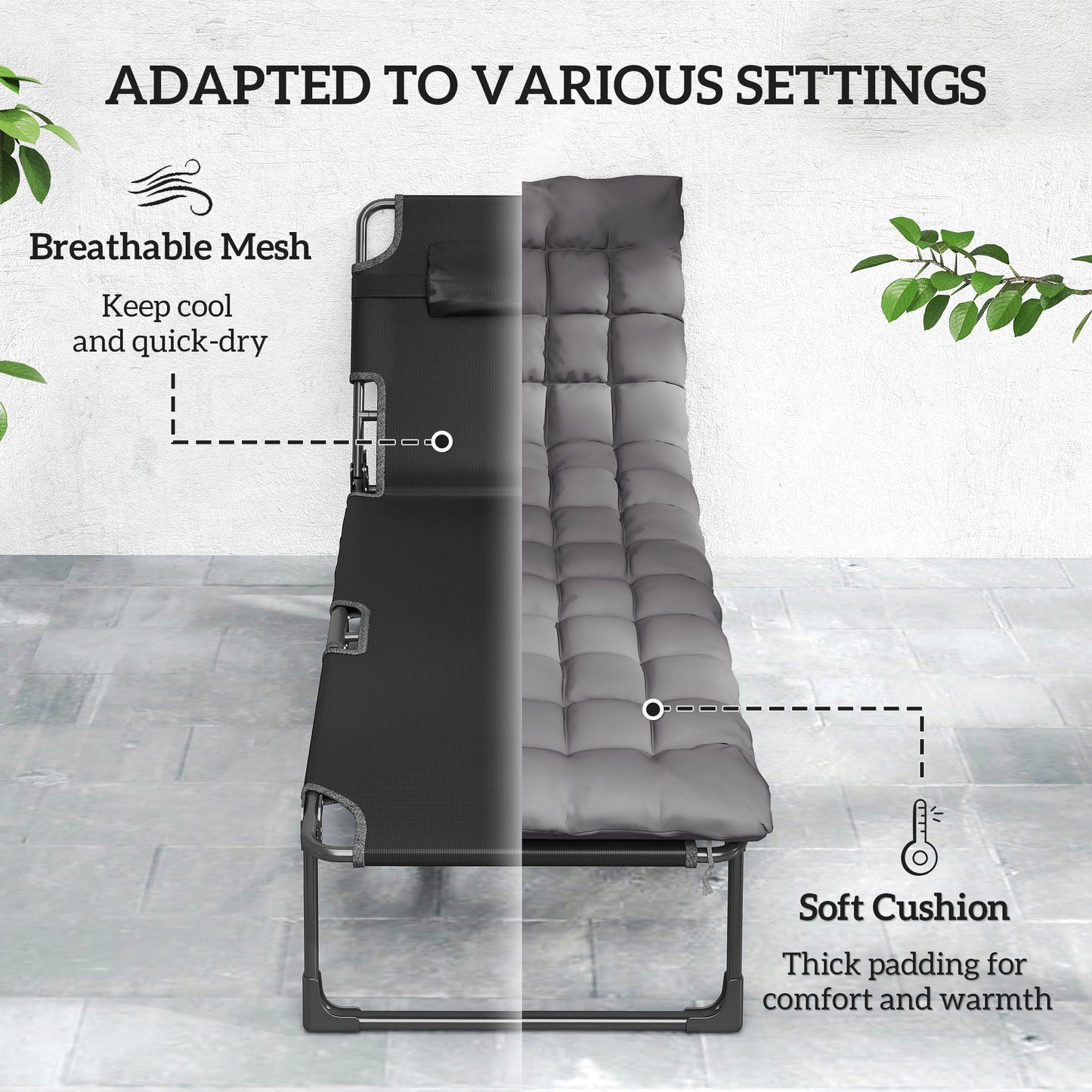 Outsunny Folding Sun Lounger for Garden, 5-Position Oversized Camping Bed Recliner with Cushions, Dark Grey