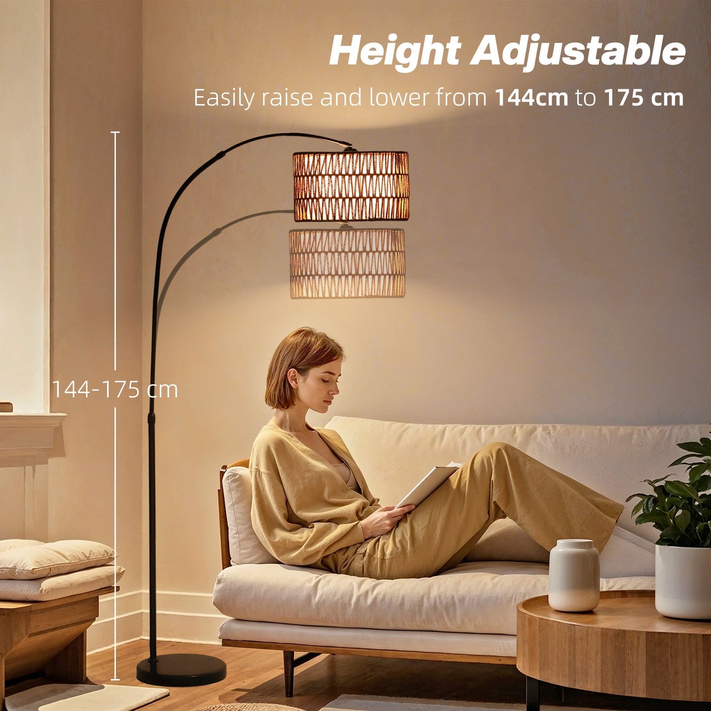 HOMCOM Rattan Floor Lamp for Living Room, Farmhouse Arc Standing Lamp with Dual-Layer Shade & Foot Switch, Height Adjustable Minimalist Tall Pole Lampshade for Bedroom, Office, Black