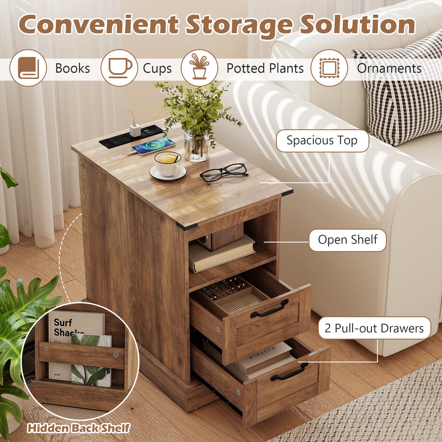 Farmhouse Nightstand with Charging Station with Open Storage Shelf and 2 Drawers for Bedroom-Rustic Brown