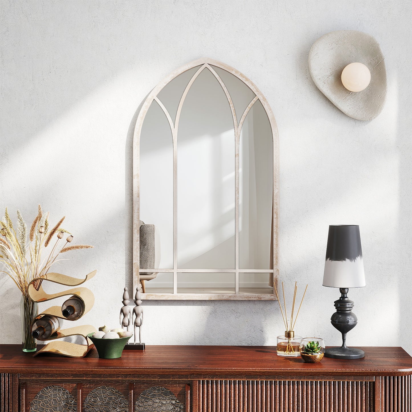 Farmhouse Window Pane Mirror Large Arched Wall Mounted Mirror with Metal Frame 83 x 48 cm-Grey