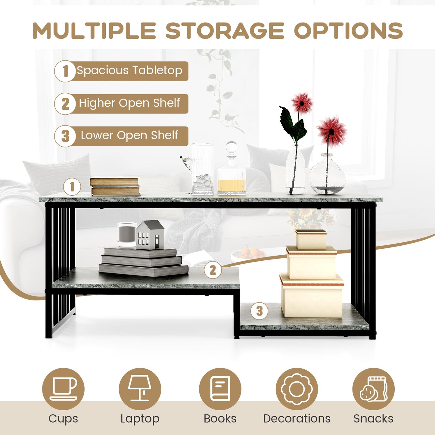 Faux Marble Coffee Table with Open Storage Shelf-Grey