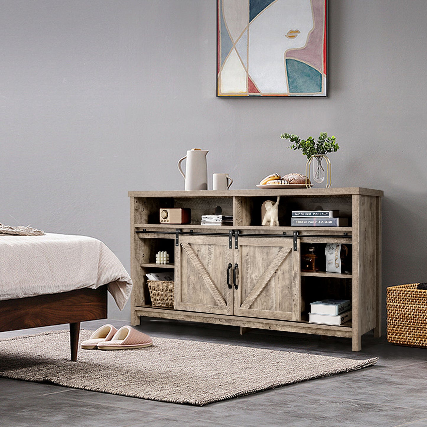 Sliding Barn Door Farmhouse Flat Screen Console for 65 Inch TVs-Grey