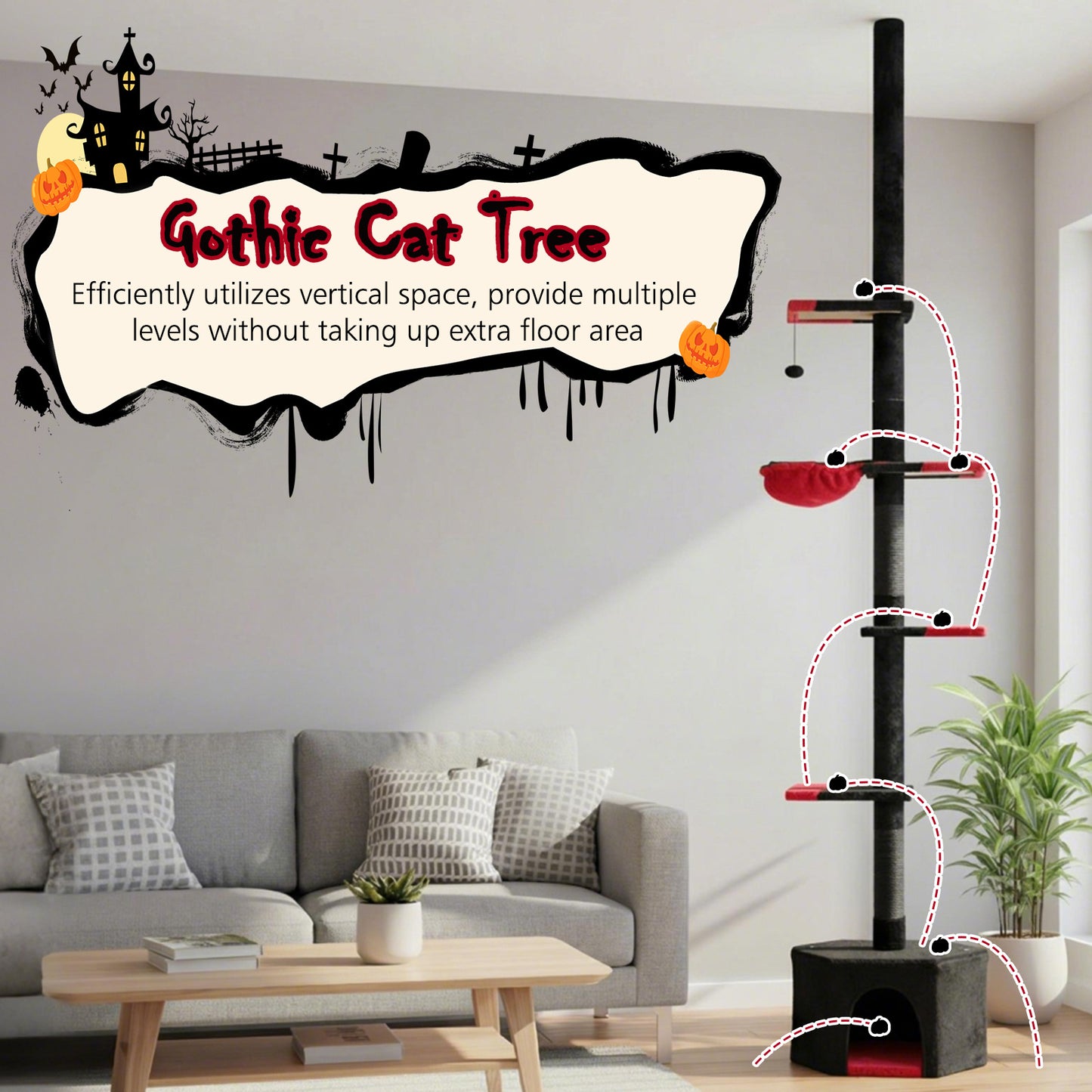 Floor to Ceiling Gothic Cat Tree 245-300 CM Adjustable-Black