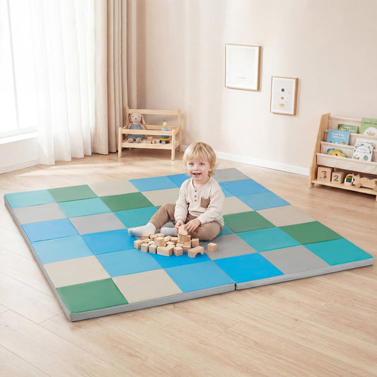 Foldable Patchwork Toddler Activity Mat with Waterproof Faux Leather-Blue