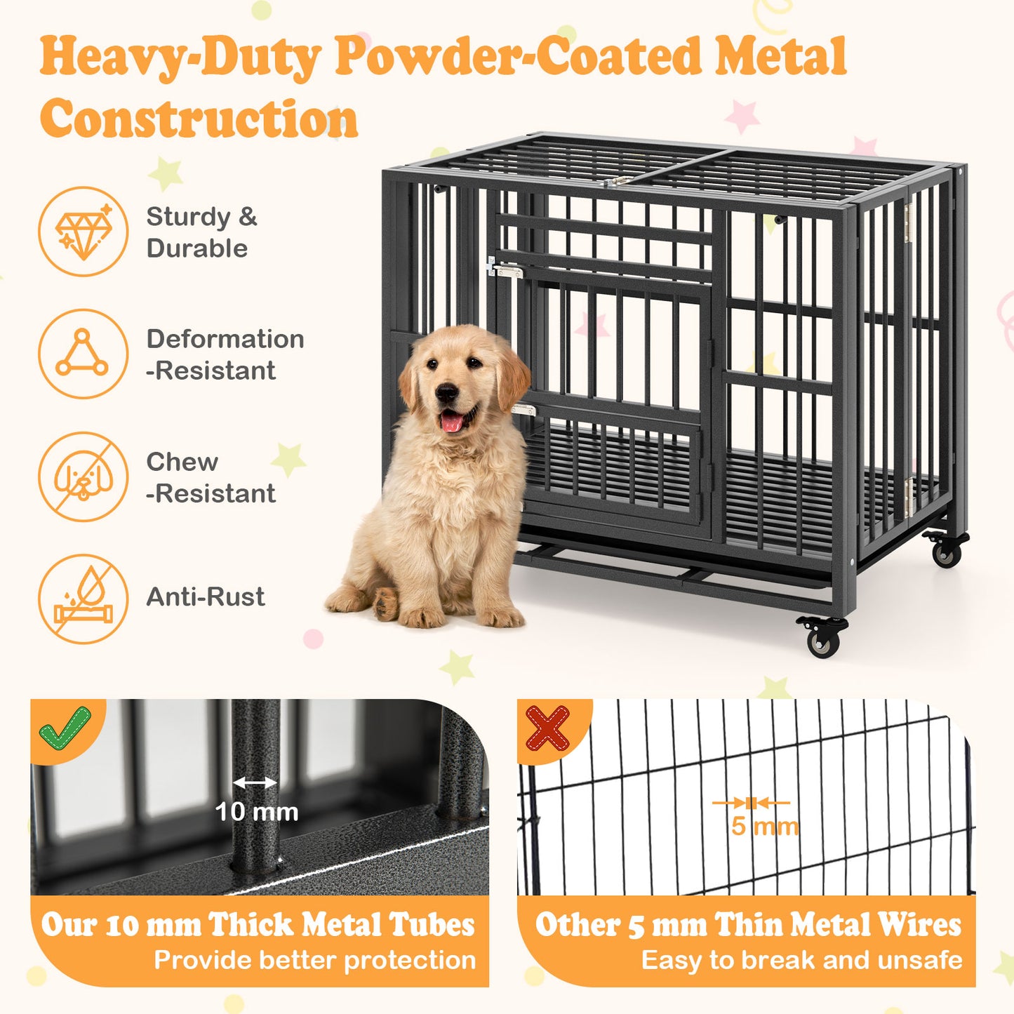 Foldable Metal Dog Cage Chew-proof Dog Crate with Lockable Universal Wheels