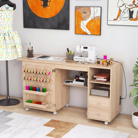 Folding Sewing Table with Charging Station and Storage Shelves-Natural