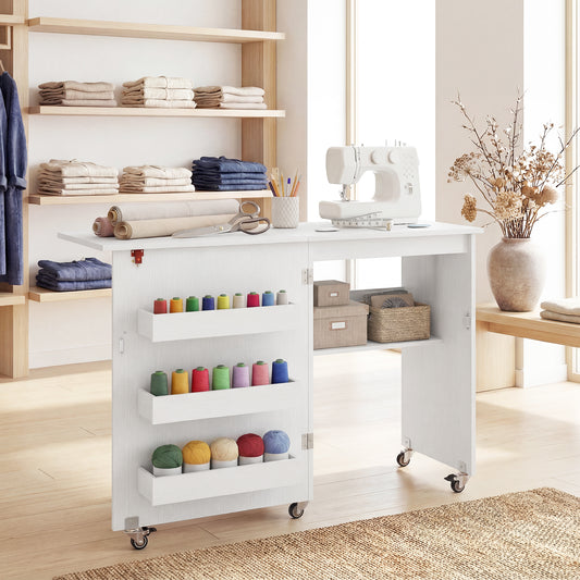 Folding Sewing Table with Storage Shelf and 3 Hidden Bins for Home-White
