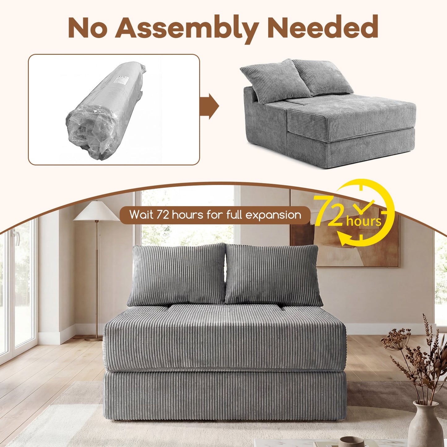 Folding Sofa Bed with Dual Pillows & Machine-Washable Cover for Living Room Bedroom-Grey