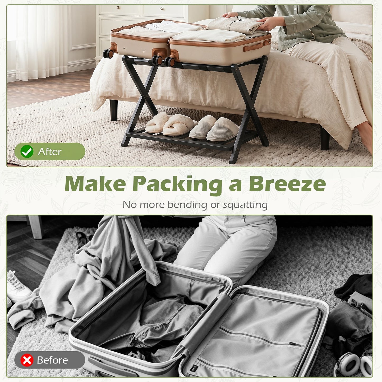 Folding Suitcase Stand with Straps and Bamboo Storage Shelves for Guest Room-Black