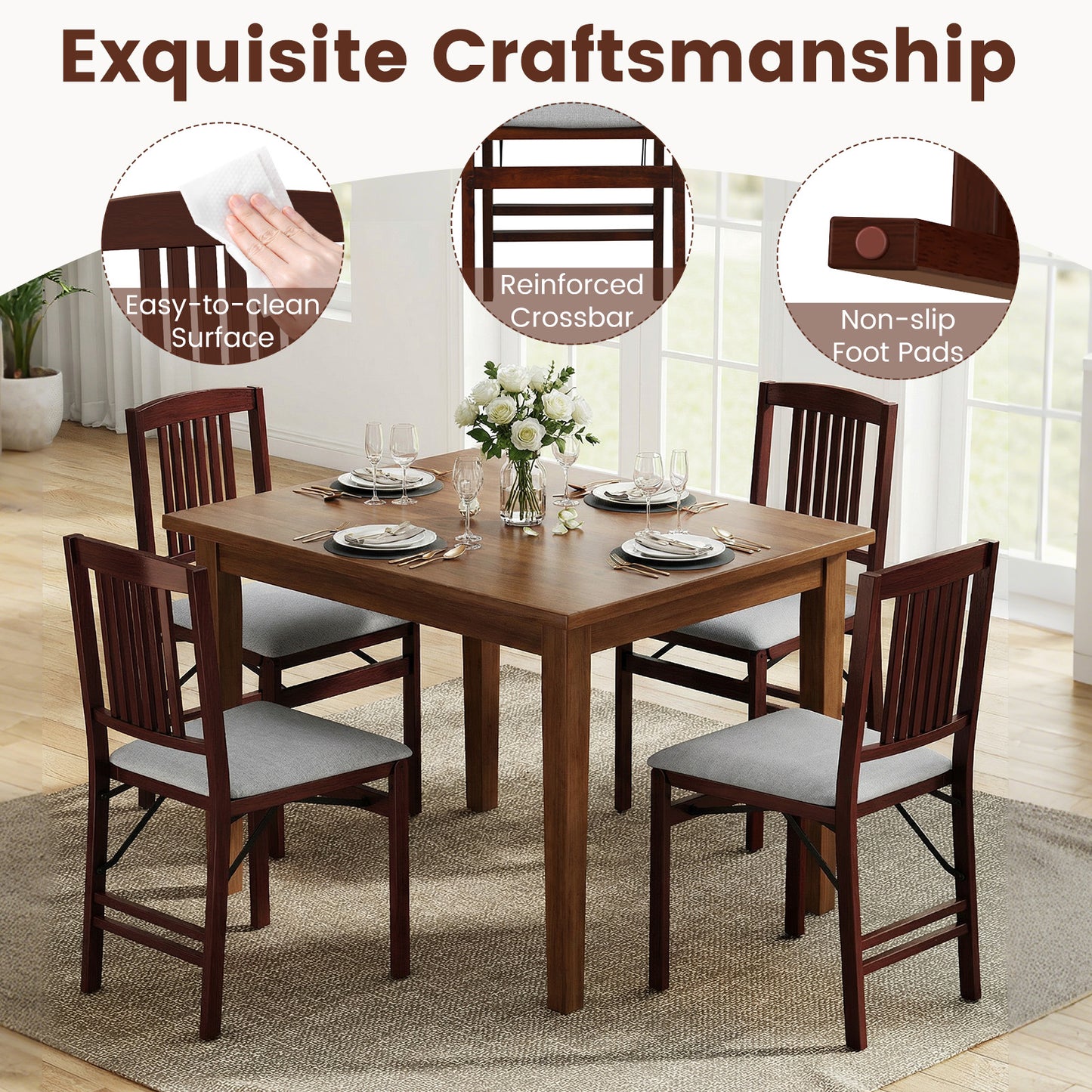 Folding Dining Chairs Set of 2 Upholstered Kitchen Chairs with Padded Seat-Grey