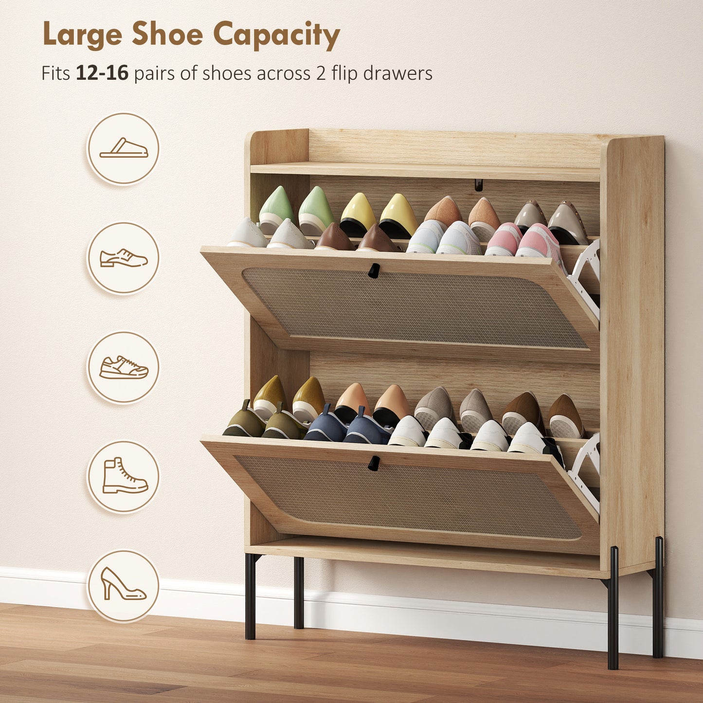 HOMCOM Shoe Cabinet with 2 Flip Drawers, Boho Narrow Shoe Storage Cabinet, Oak