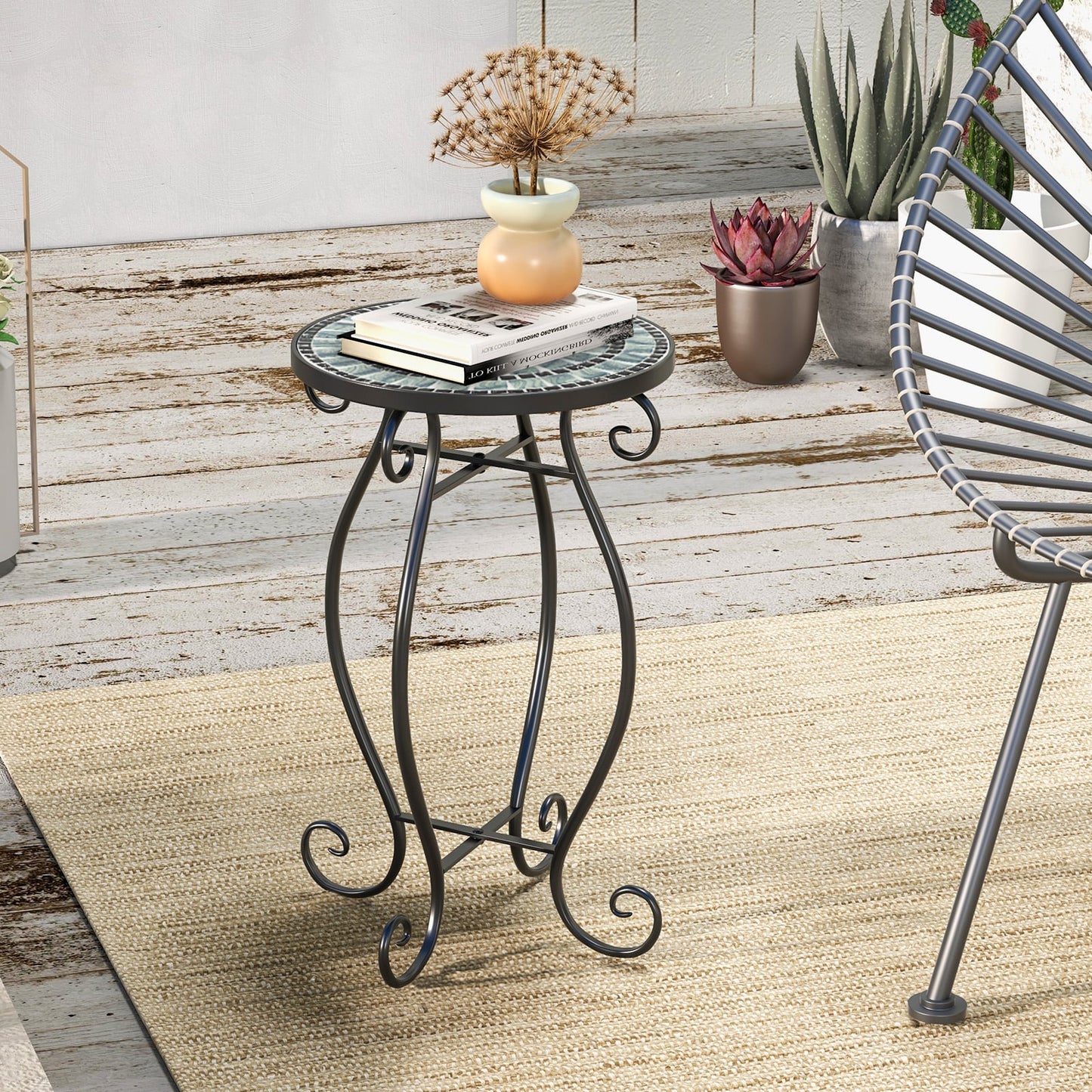 Small Plant Stand with Weather Resistant Ceramic Tile Tabletop-Black & Blue