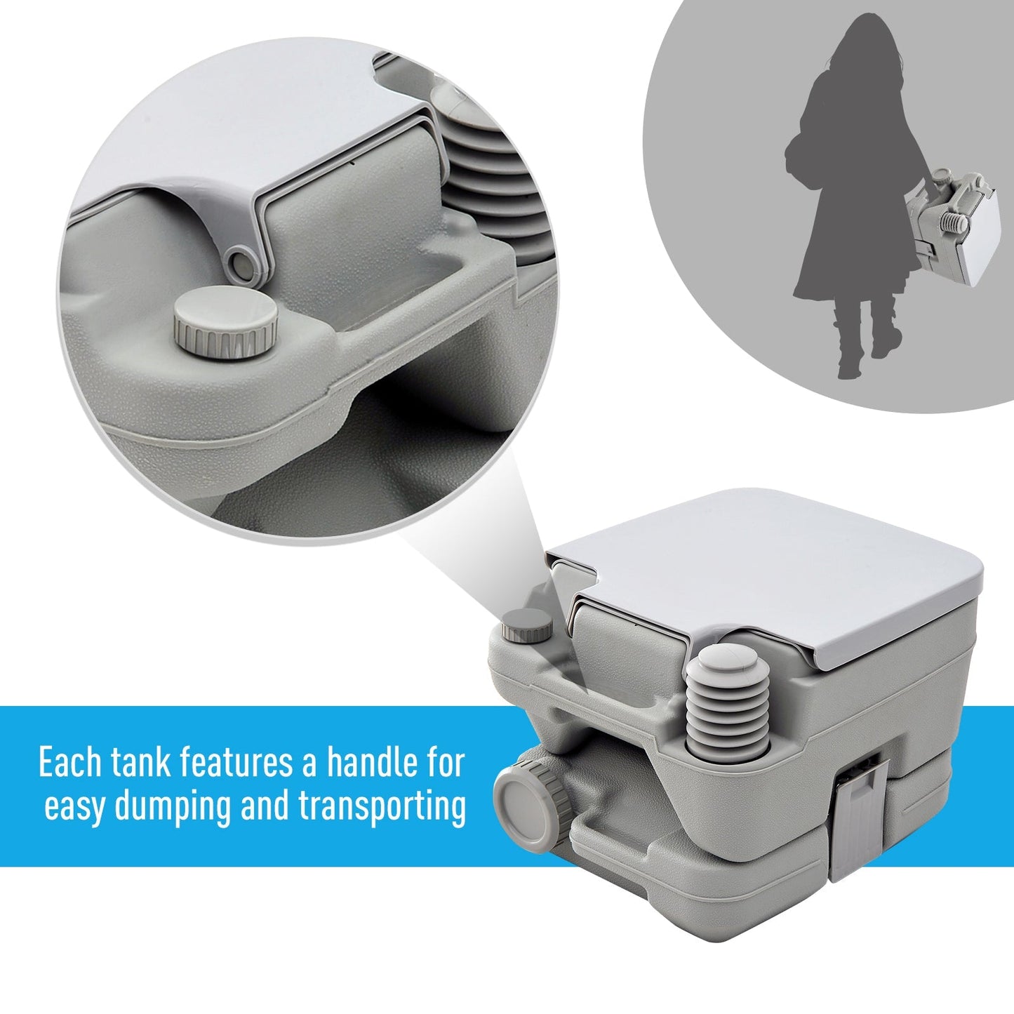 HOMCOM 10L Portable Toilet for Adults, Outdoor Camping Toilet with 2 Detachable Tanks & Push-button Operation, Compact Outdoor Travel Potty Loo with Lid, Seat for Fishing, Hiking, Picnic, Grey