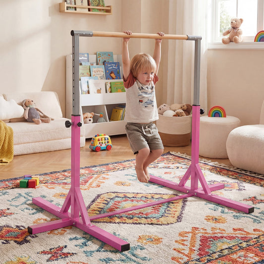 Gymnastics Bar Adjustable Horizontal Kip Bar with 85-145 CM 12-Level Height-Pink