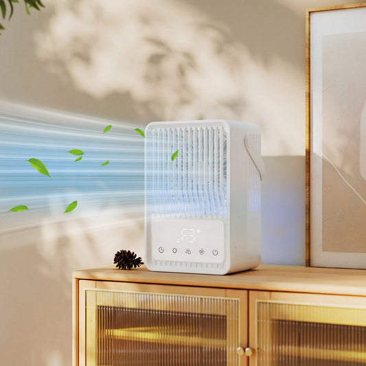 HOMCOM Desk Fan with Humidifier and RGB Light Portable Table Fan with 550ml Water Tank White