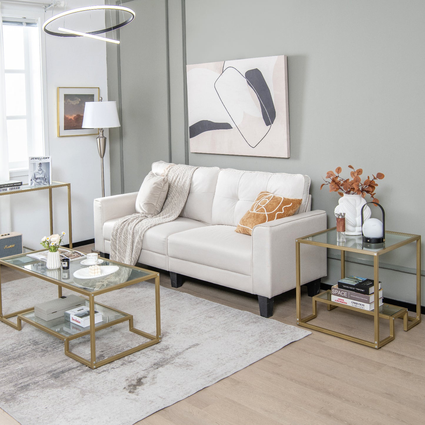2-Tier Snack Table with Golden Metal Frame and Tempered Glass Tabletop