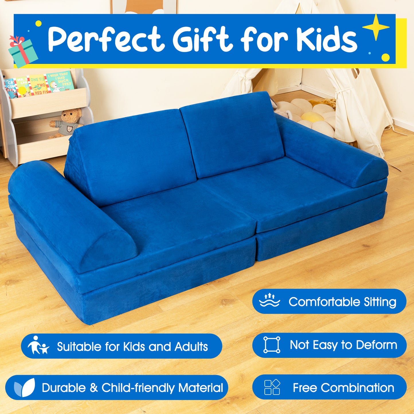 6 Pieces Modular Convertible Kids Play Couch Sofa-Blue