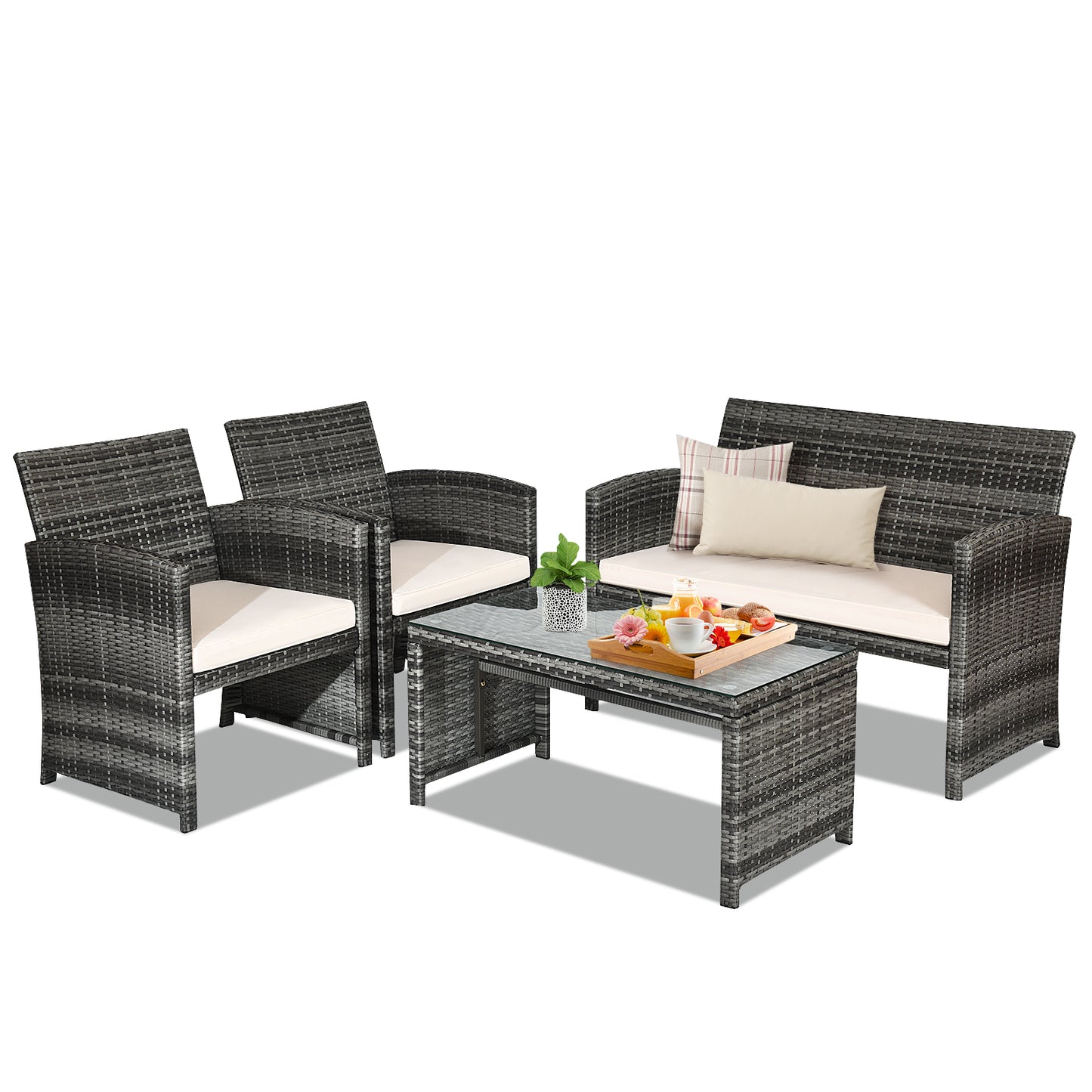 4 Pieces Patio Furniture Set with Cushions and Coffee Table-White