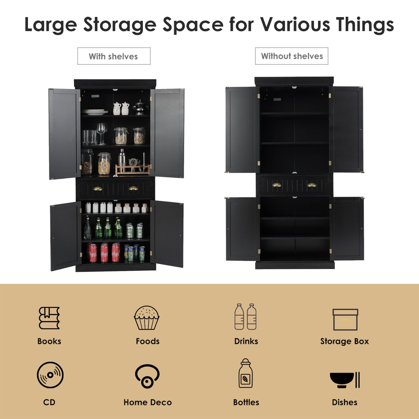 4-Door Tall Kitchen Cupboard Adjustable Shelves and Drawer-Black