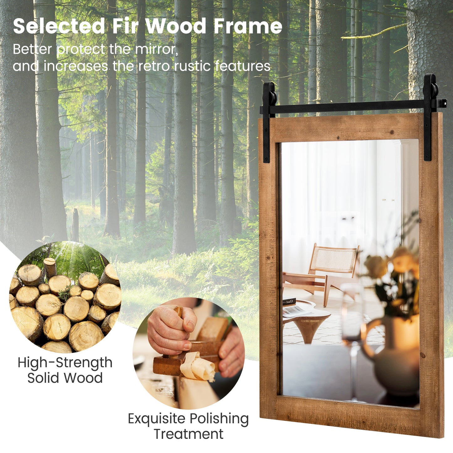 Wall Mounted Mirror with Solid Wood Frame and Metal Bracket-Brown