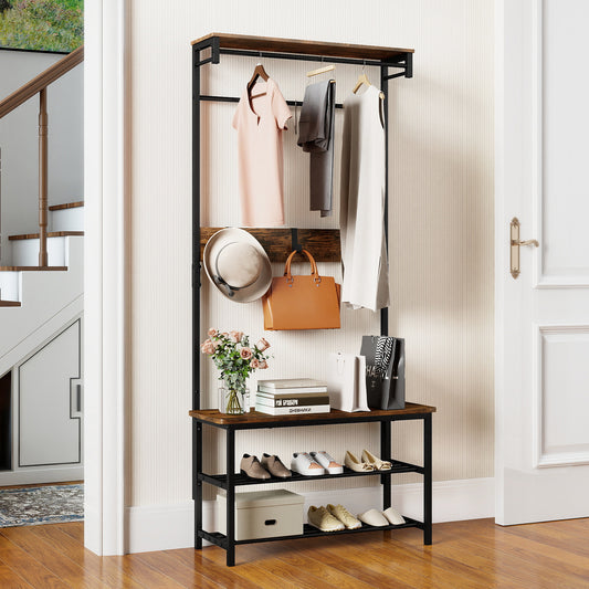 Hall Tree with Bench and Shoe Storage with Hanging Bars-Rustic Brown