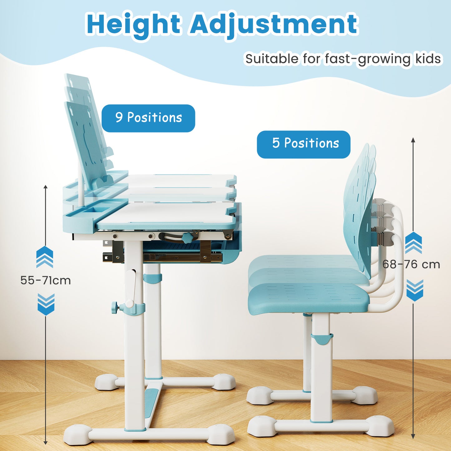 Height-Adjustable Kid's Study Desk and Chair Set with Tilt Desktop and Footrest Bar-Blue
