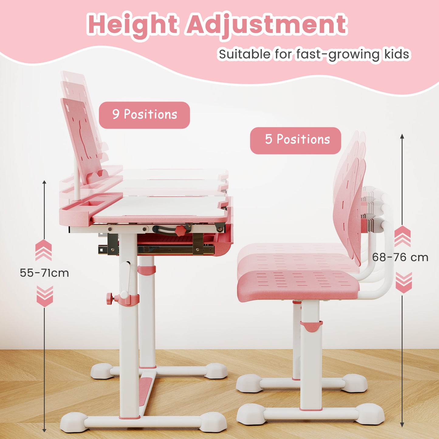 Height-Adjustable Kid's Study Desk and Chair Set with Tilt Desktop and Footrest Bar-Pink