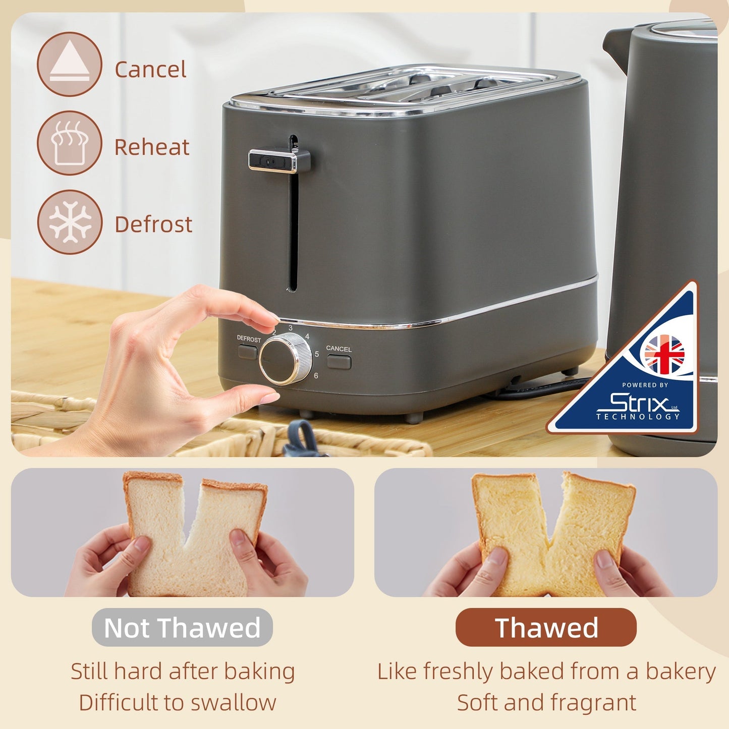 HOMCOM Kettle and Toaster Set, 1.7L 3000W Fast Boil Kettle & 2 Slice Toaster Kitchen Set with 6 Level Browning Controls, Defrost, Reheat, Grey
