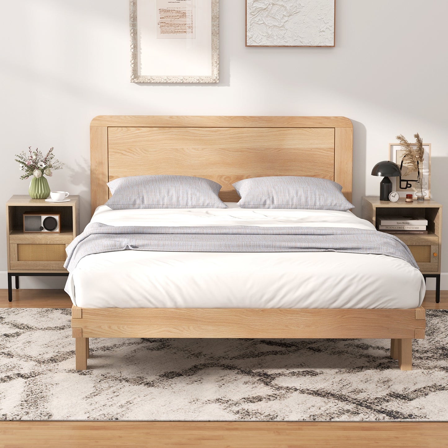 Home Boho Style Nightstand Accent Table with Open Shelf and Door Cabinet-Natural