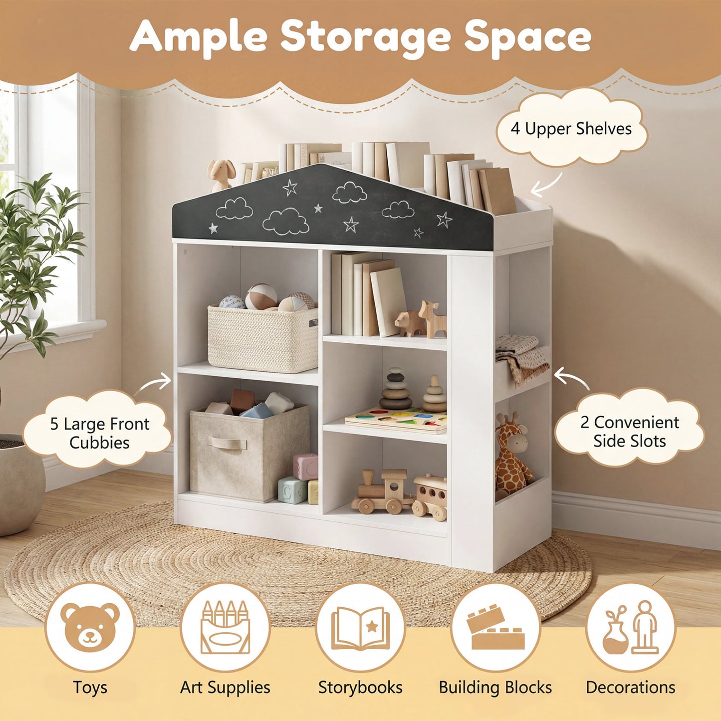 House Shaped Toy Storage Organizer with Compartments and Anti-toppling Kits-White