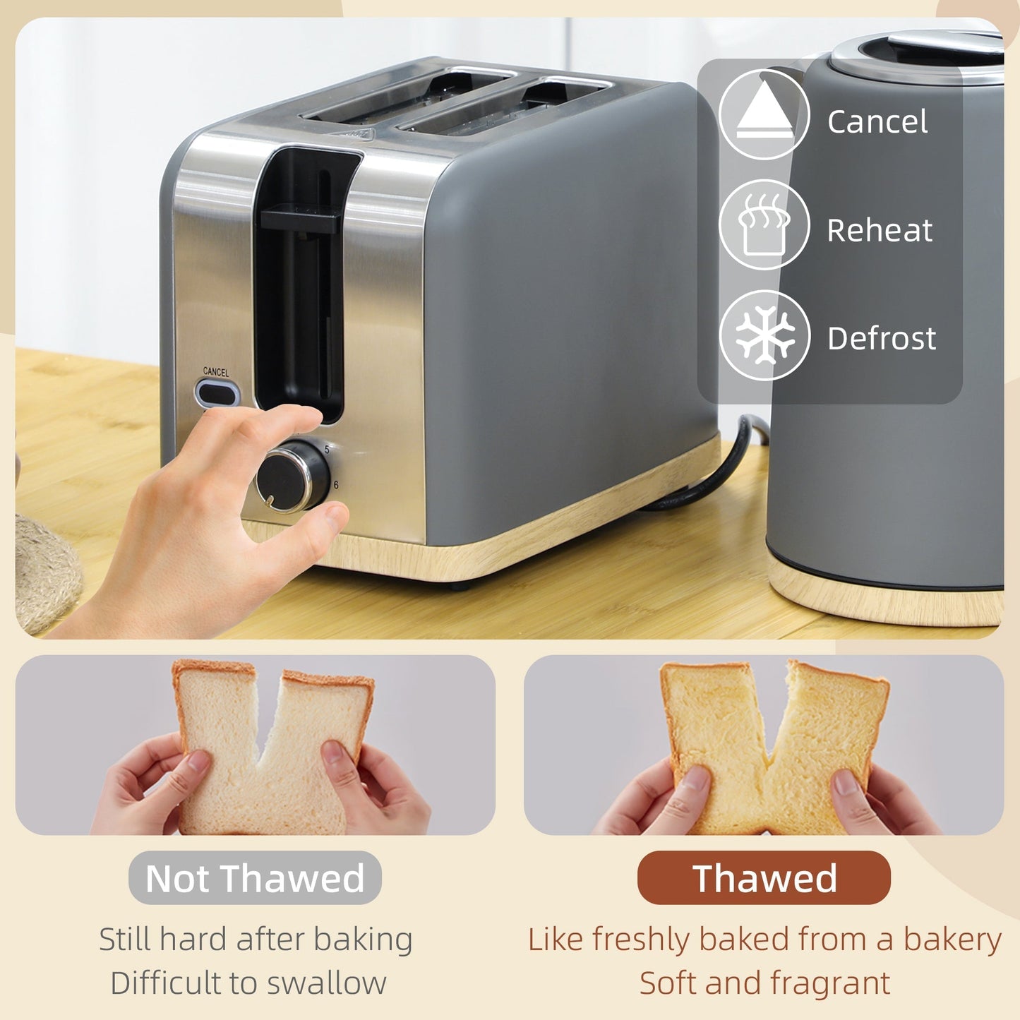 HOMCOM Stainless Steel Kettle and Toaster Set, 1.7L 3000W Fast Boil Kettle & 2 Slice Toaster Kitchen Set with 7 Level Browning Controls, Defrost, Reheat, Auto Off, Boil-dry Protection, Grey