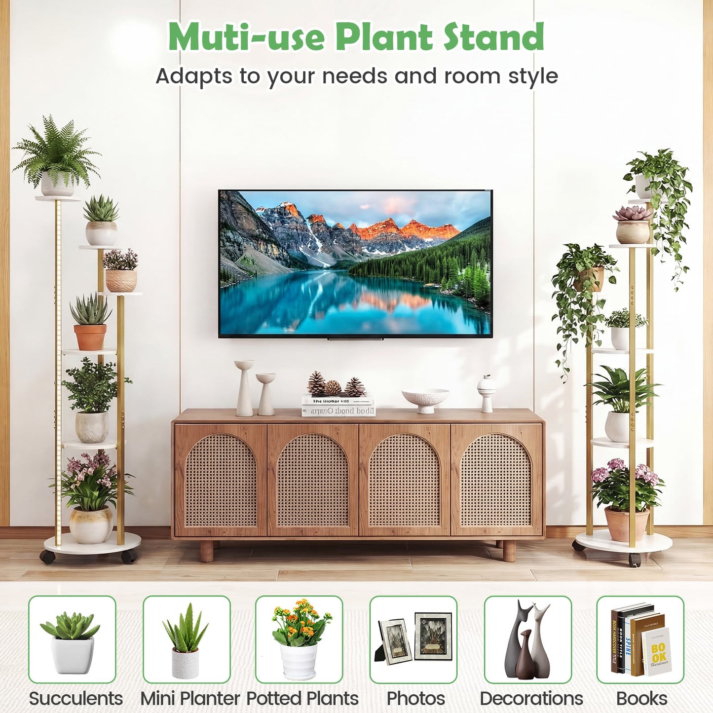 Indoor Plant Stand 6-Tier Corner Shelf with Locking Wheels-White