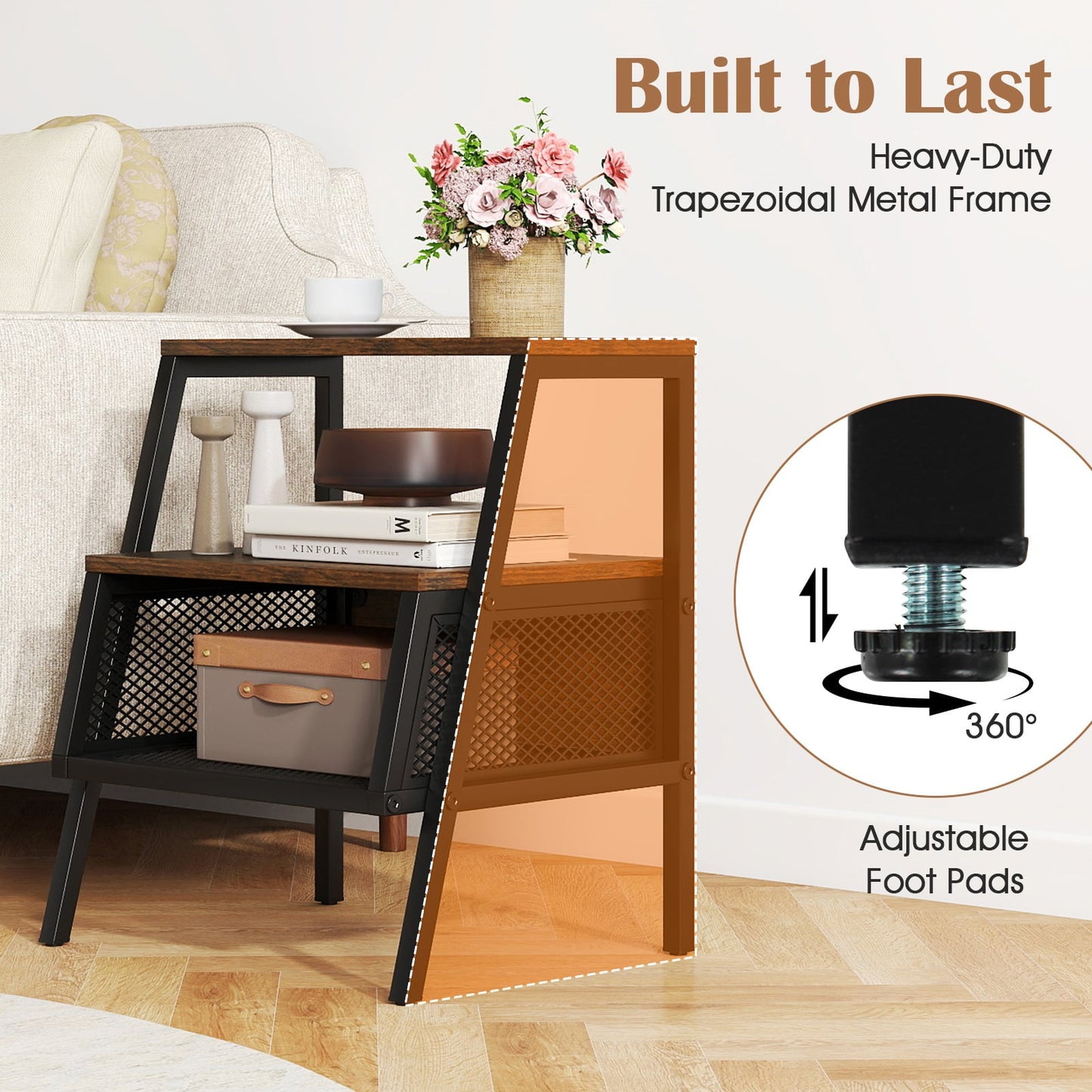 Industrial Nightstand Set of 2 with 2 Open Shelves & Mesh Compartment for Small Spaces-Rustic Brown