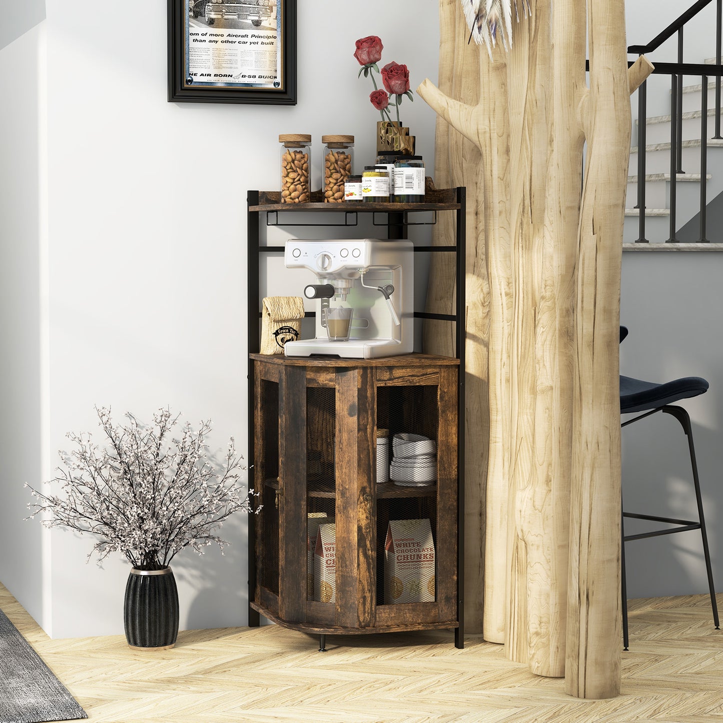Industrial Corner Bar Wine Cabinet with Metal Mesh Doors and Adjustable Shelf-Brown