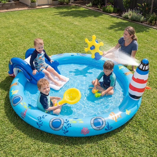 Inflatable Play Center with Shark Slide & Lighthouse Sprinkle for Kids