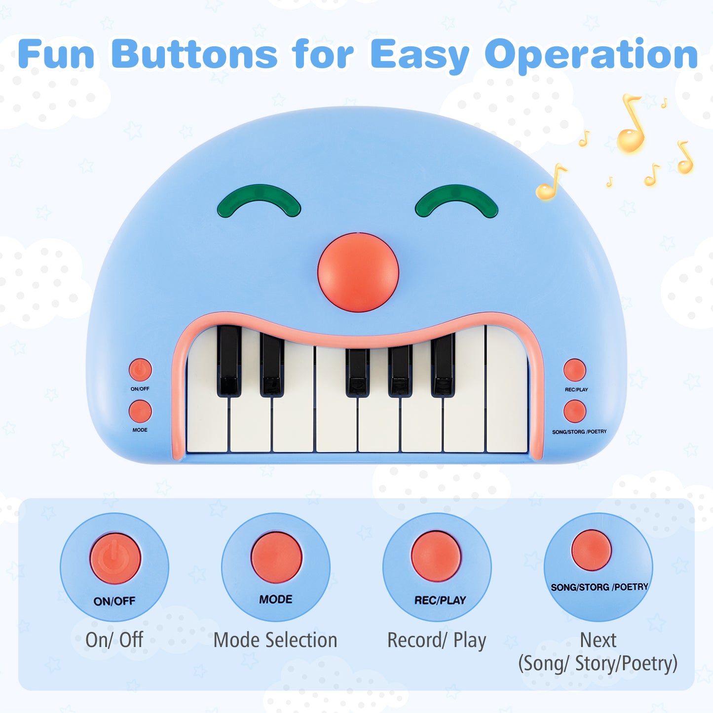 13-Key Kids Piano Keyboard Interactive Toy Digital Piano with Smiling Face-Blue