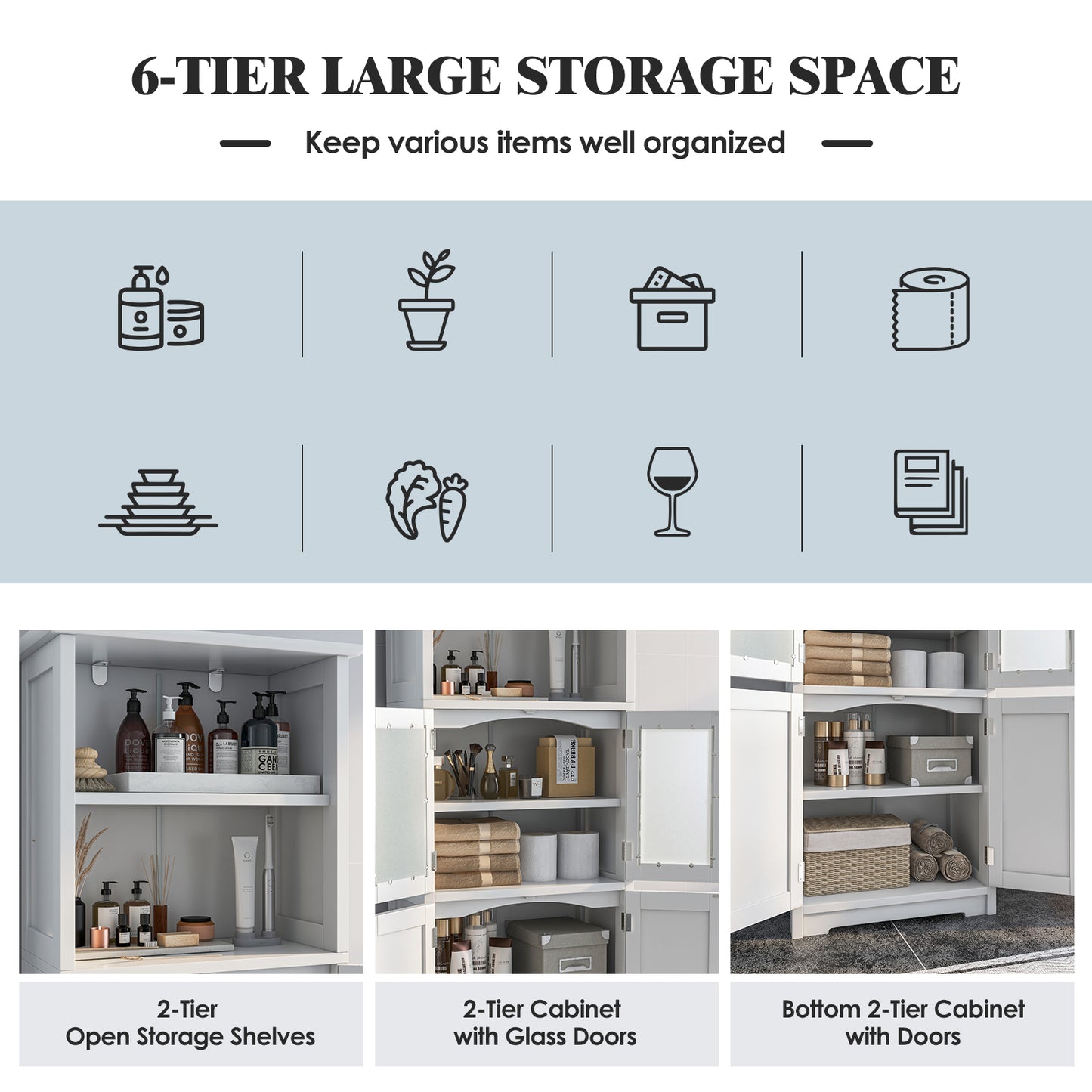 Freestanding Storage Cabinet with Tempered Glass Door and Open Shelves-White