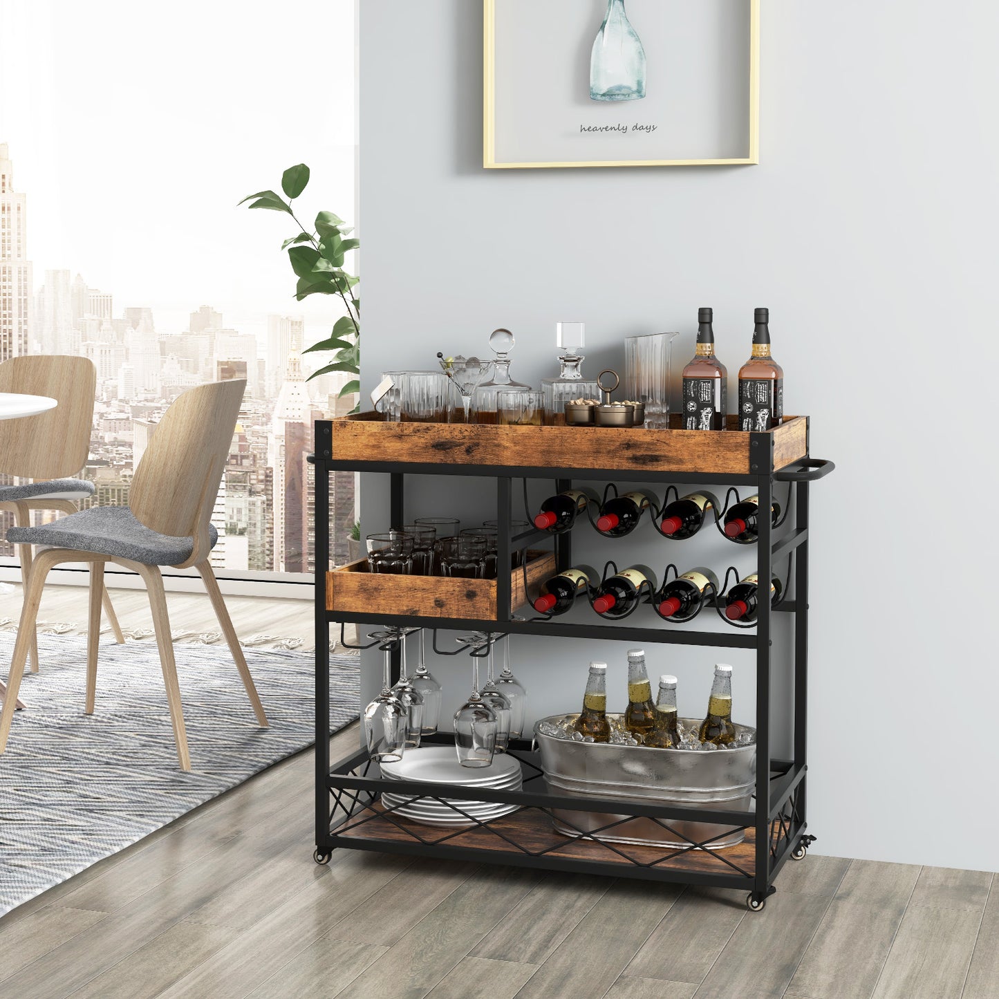 Home Bar Serving Car with Removable Tray-Rustic Brown